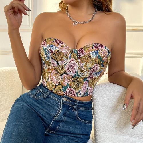 Polyester Slim Tube Top midriff-baring & deep V printed floral multi-colored PC