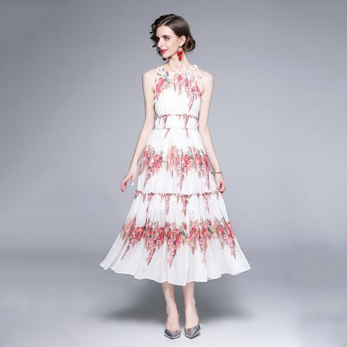 Chiffon Slim & High Waist Halter Dress mid-long style printed floral white PC