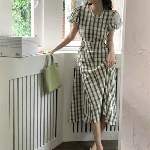 Polyester Slim One-piece Dress & hollow printed plaid white and black PC