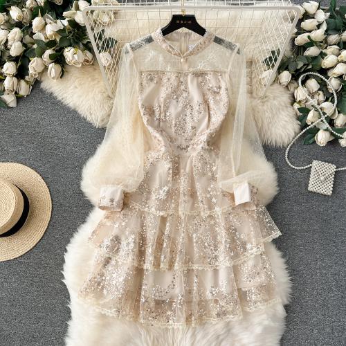 Sequin & Polyester Waist-controlled & Layered One-piece Dress see through look Apricot PC