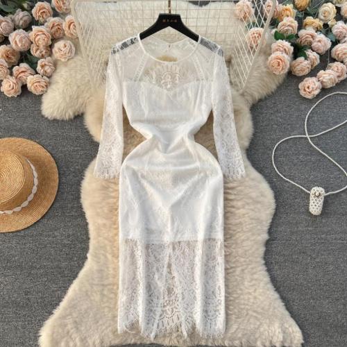 Cotton Linen Waist-controlled & front slit Sexy Package Hip Dresses see through look white PC