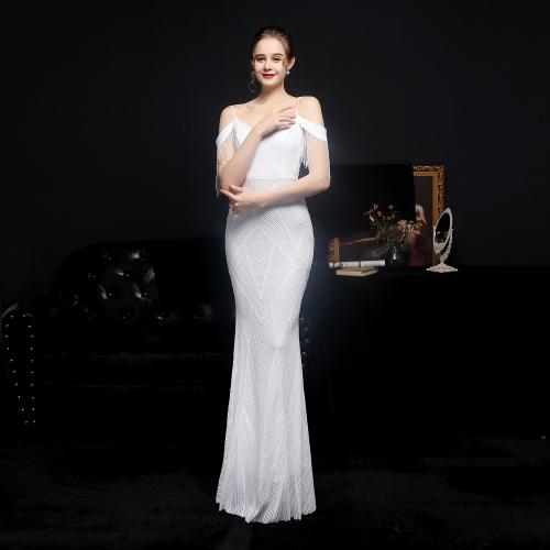 Women's V-Neck Off-Shoulder Sequins Tassels Mermaid Evening Dress Long Evening dress breathable sequin solid dress European and chinan style