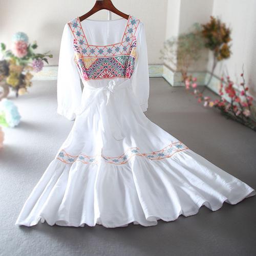Cotton High Waist One-piece Dress embroidered Solid white PC
