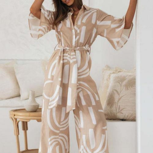 Polyester Long Jumpsuit & with belt & loose printed khaki PC