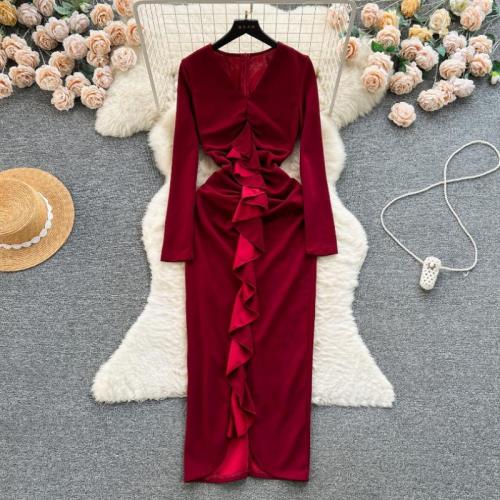 Polyester Waist-controlled & scallop & front slit Sexy Package Hip Dresses Solid : PC