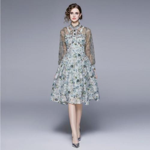 Polyester Slim One-piece Dress see through look & mid-long style printed shivering PC