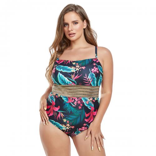Polyester Plus Size One-piece Swimsuit slimming & hollow printed leaf pattern mixed colors PC