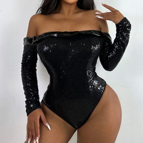 Polyester One-piece Swimsuit & off shoulder & padded Sequin Solid black PC