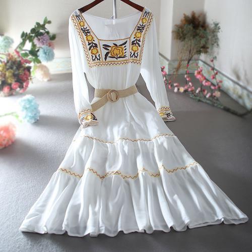 Chiffon & Cotton Slim One-piece Dress embroidered Solid white PC