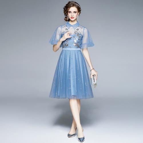 Polyester One-piece Dress large hem design & mid-long style & slimming embroidered floral blue PC