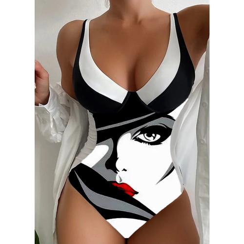 Spandex & Polyester One-piece Swimsuit & padded printed character pattern white and black PC
