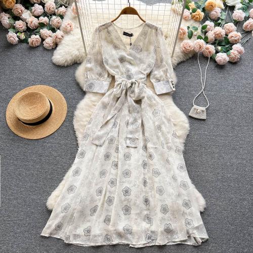 Mixed Fabric Waist-controlled One-piece Dress mid-long style & slimming jacquard floral mixed colors PC