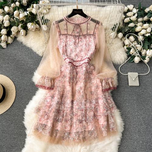 Mixed Fabric Waist-controlled One-piece Dress see through look & slimming floral mixed colors PC