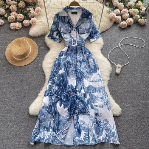 Polyester Slim One-piece Dress mid-long style printed blue and white PC