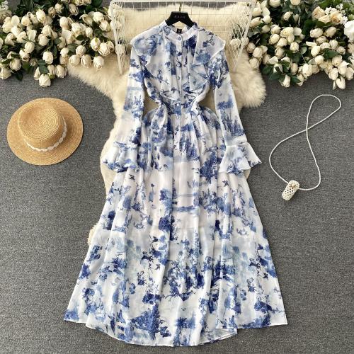 Polyester Slim One-piece Dress mid-long style printed blue and white PC