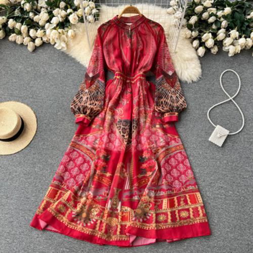 Polyester Slim & High Waist One-piece Dress mid-long style printed : PC