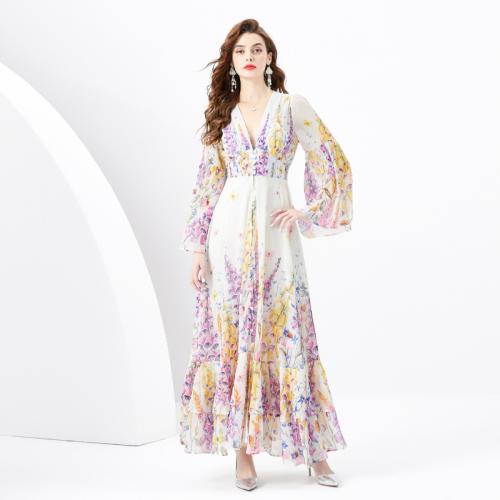 Polyester Waist-controlled & Soft & long style & Plus Size One-piece Dress slimming & deep V printed floral PC