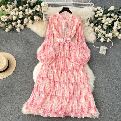 Mixed Fabric Waist-controlled & Soft One-piece Dress large hem design printed shivering PC
