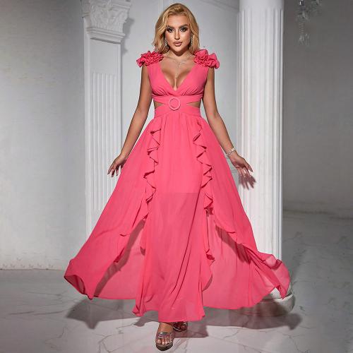 Polyester Waist-controlled Long Evening Dress deep V & hollow Solid pink PC