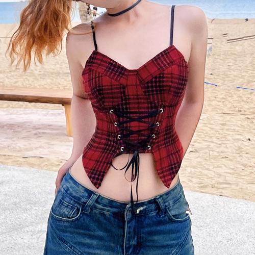 Polyester Slim Camisole midriff-baring plaid red PC