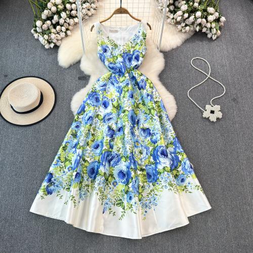 Polyester Waist-controlled One-piece Dress large hem design & breathable printed floral PC