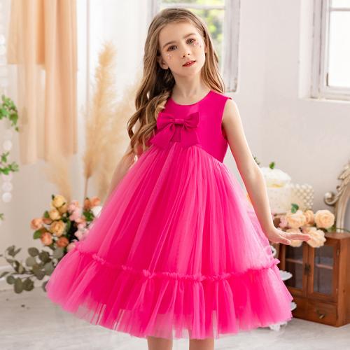 Gauze & Polyester Princess Girl One-piece Dress with bowknot & breathable Solid fuchsia PC