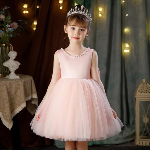Gauze & Polyester Girl One-piece Dress with bowknot & backless & breathable Solid PC