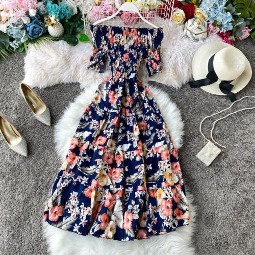 Polyester Waist-controlled One-piece Dress off shoulder & breathable printed : PC