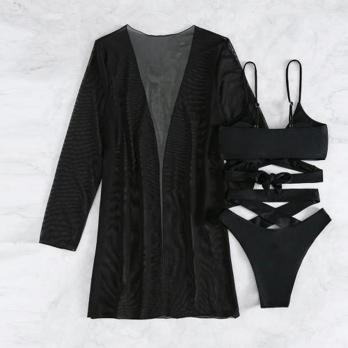 Polyester Bikini & three piece & hollow Solid black Set