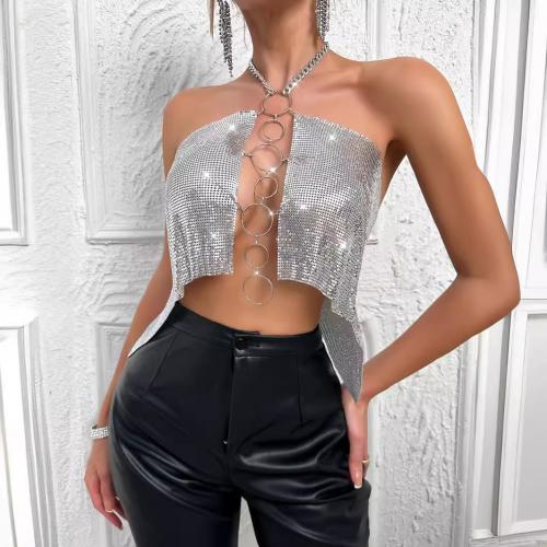 Denim Camisole backless & hollow & with rhinestone Solid silver PC