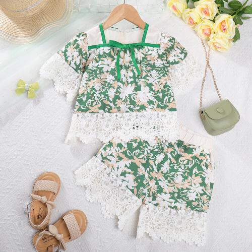 Lace & Polyester Girl Clothes Set & two piece & hollow & breathable printed shivering green Set