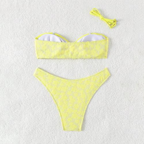 Polyester Bikini backless & two piece & off shoulder floral yellow Set