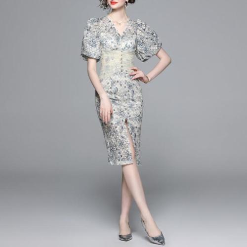 Gauze front slit One-piece Dress slimming printed PC