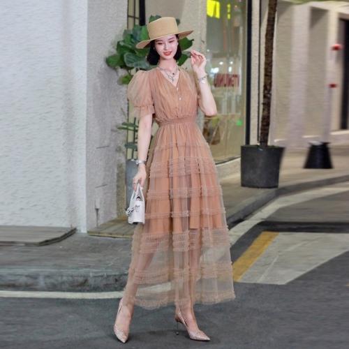 Gauze & Polyester One-piece Dress see through look & double layer & breathable Solid khaki PC