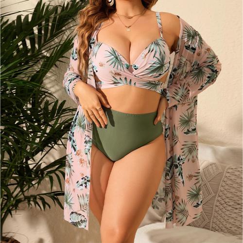 Spandex & Polyester Plus Size Bikini & three piece & padded printed leaf pattern multi-colored Set
