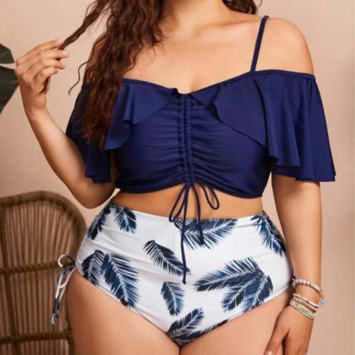 Spandex & Polyester scallop & Plus Size Tankinis Set & two piece & off shoulder & padded printed leaf pattern blue Set