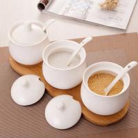 Ceramics dampproof & thermostability Seasoning Box Set corrosion proof & tight seal & three piece tray & Spoon Solid white Set
