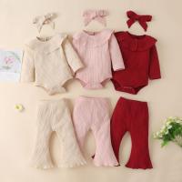 Cotton scallop Girl Clothes Set & three piece Hair Band & Pants & top Solid Set