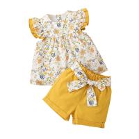 Polyester Girl Clothes Set with bowknot & two piece Pants & top printed floral Set