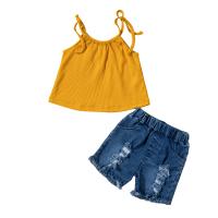 Polyester Slim Girl Clothes Set & two piece Pants & top patchwork Solid yellow Set