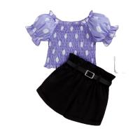 Cotton Slim Girl Clothes Set & two piece skirt & top printed dot purple Set