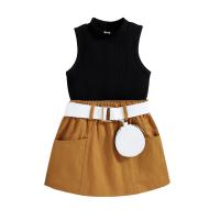 Cotton Slim Girl Clothes Set & two piece skirt & top patchwork Solid black Set