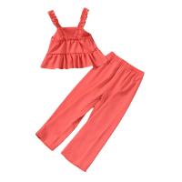 Polyester Slim Girl Clothes Set & two piece Pants & top patchwork Solid reddish orange Set
