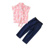 Polyester Slim Girl Clothes Set & two piece Pants & top floral pink Set