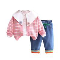 Polyester Slim Girl Clothes Set & three piece Pants & top & coat knitted Solid Set