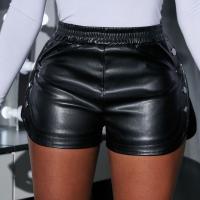 PU Leather High Waist Shorts side slit Solid black PC
