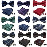 Polyester Yarns Easy Matching Bow Tie Set Cufflinks & Square Scarf & tie bow printed Box