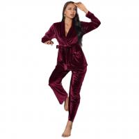 Spandex & Polyester Women Pajama Set flexible & deep V & two piece & thermal Pants & top Solid Set