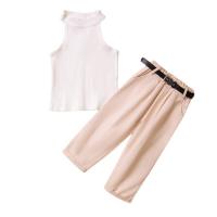 Polyester Girl Clothes Set & with belt & two piece tank top & Pants Solid Set