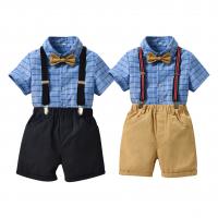 Polyester & Cotton Boy Clothing Set & three piece Necktie & suspender pant & top plaid Set